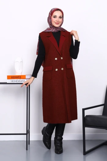 Bordo Düğmeli Uzun Buklet Yelek