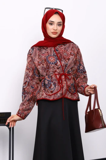 Bordo Etnik Desenli Cepli Ceket