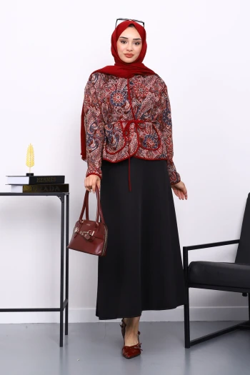 Bordo Etnik Desenli Cepli Ceket