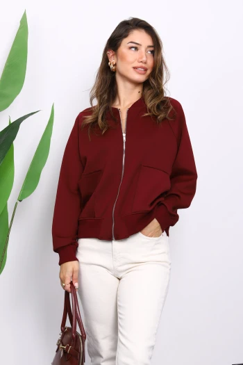 Bordo Fermuarlı Scuba Kısa Ceket