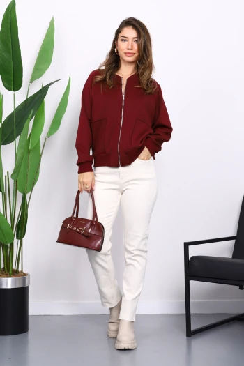 Bordo Fermuarlı Scuba Kısa Ceket