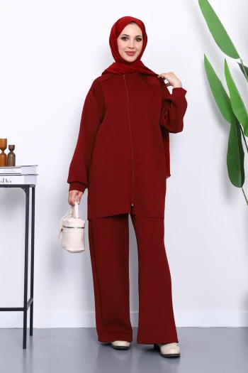 Bordo Fermuarlı Tunik Pantolonlu Takım