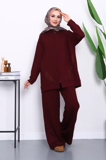 Bordo File Detaylı Fermuarlı Tunik Pantolonlu Takım