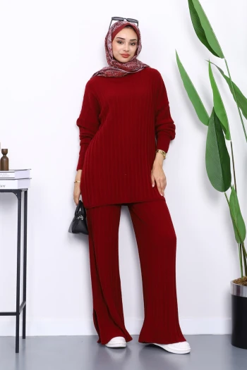 Bordo Fitilli Yumoş Tunik Pantolonlu Takım