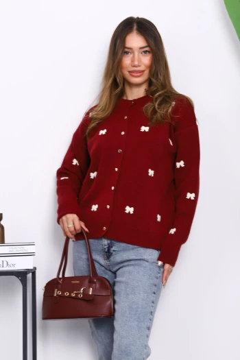 Bordo Fiyonk Nakışlı Triko Hırka