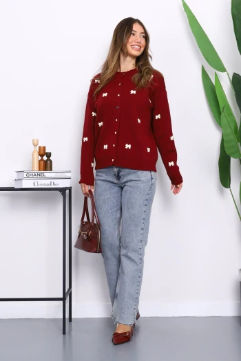 Bordo Fiyonk Nakışlı Triko Hırka