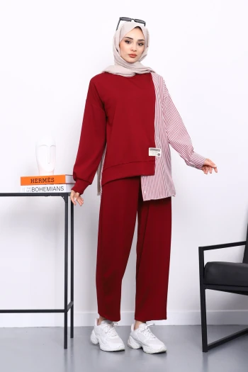Bordo Garnili Tunik Pantolonlu Çizgili Takım