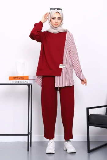 Bordo Garnili Tunik Pantolonlu Çizgili Takım