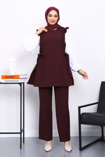 Bordo Gömlek Yelek Pantolonlu Üçlü Takım