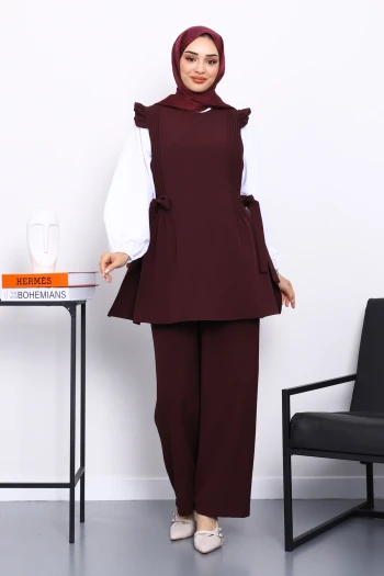 Bordo Gömlek Yelek Pantolonlu Üçlü Takım