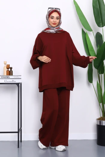 Bordo İki İplik Oversize Pantolonlu Takım