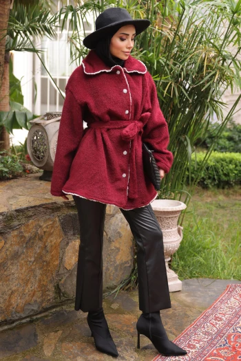 Bordo İnci Detaylı Taş Düğmeli Angora Kaban