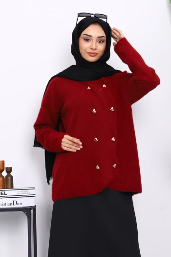 Bordo Kalp Düğme Detaylı Angora Yumoş Triko Hırka
