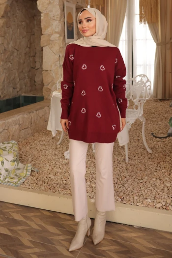 Bordo Kalp Nakışlı Triko Tunik