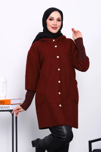 Bordo Kapşonlu Buklet Kaban