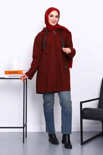 Bordo Kapşonlu Cepli Buklet Kaban