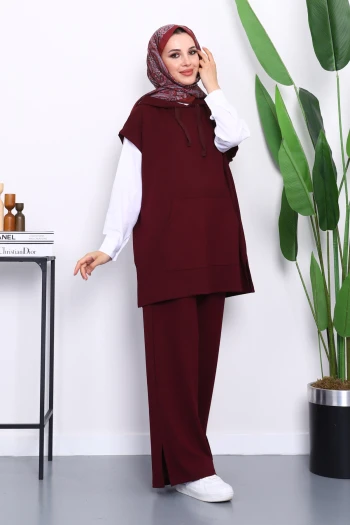 Bordo Kapşonlu Süveter Pantolonlu Modal Takım