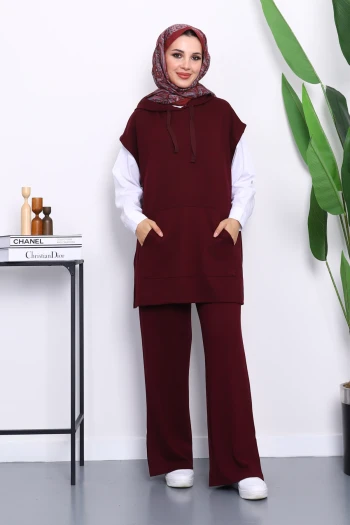 Bordo Kapşonlu Süveter Pantolonlu Modal Takım