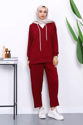Bordo Kapşonlu Tunik Pantolonlu Takım