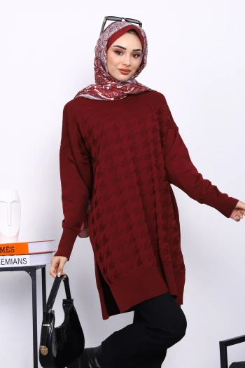 Bordo Kazayağı Desenli Soğuk İplik Triko Tunik