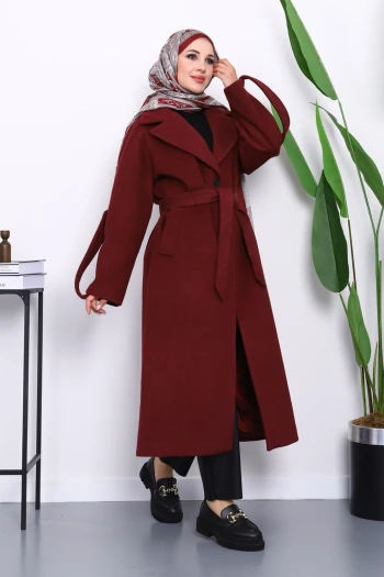 Bordo Kolu Apoletli Astarlı Kaşe Kaban