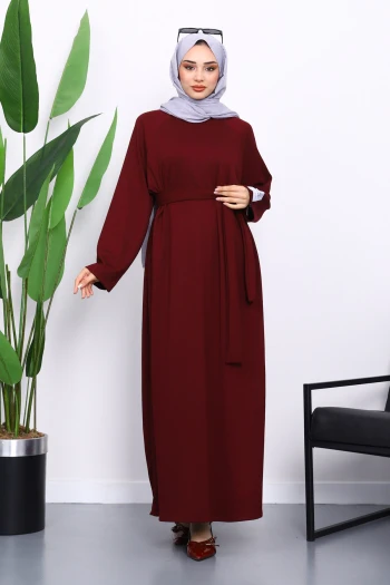 Bordo Kolu Armalı Reglan Kol Basic Modal Kuşaklı Elbise