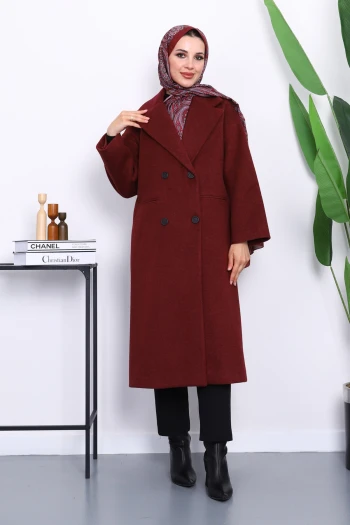 Bordo Kruvaze Yaka Astarlı Kaşe Kaban