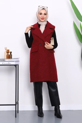 Bordo Kruvaze Yaka Astarlı Kaşe Yelek