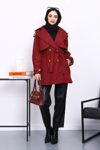 Bordo Kruvaze Yaka Astarlı Trençkot