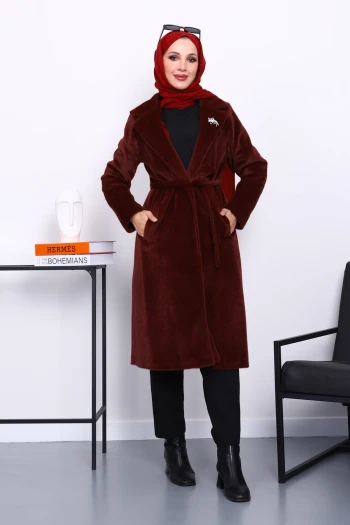 Bordo Kruvaze Yaka Cepli Angora Kaban