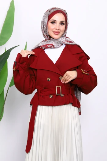 Bordo Kruvaze Yaka Kemerli Kısa Trençkot