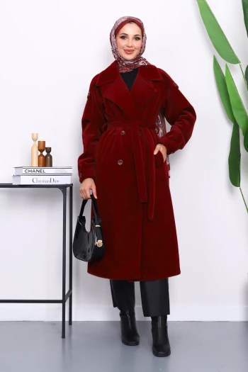 Bordo Kruvaze Yaka Kuşaklı Angora Kaban