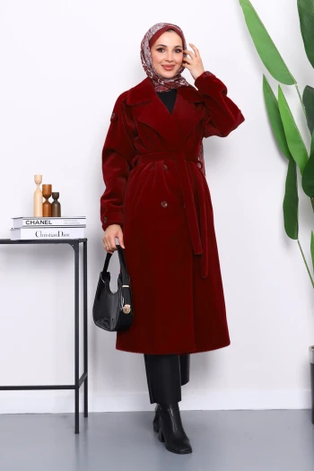 Bordo Kruvaze Yaka Kuşaklı Angora Kaban