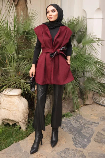 Bordo Kuşaklı Çift Cepli Kaşe Yelek