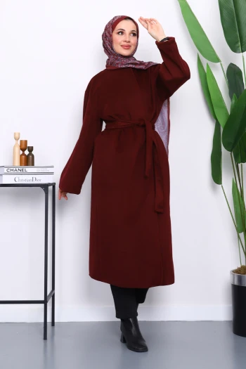 Bordo Kuşaklı Kaşe Kaban