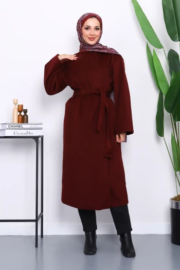Bordo Kuşaklı Kaşe Kaban