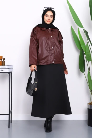 Bordo Omuz Apoletli Deri Ceket