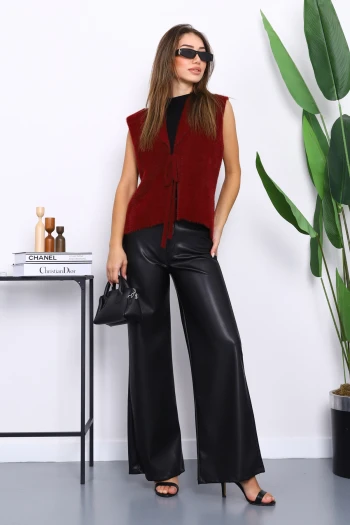 Bordo Ön Bağlamalı Kısa Angora Yumoş Yelek