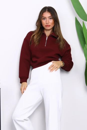 Bordo Önü Fermuarlı Üç İplik Crop Sweat