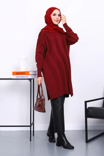 Bordo Soğuk İplik Merserize Triko Tunik