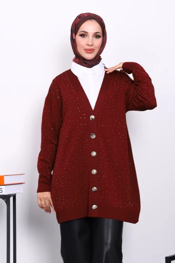 Bordo Soğuk İplik Taşlı Triko Hırka