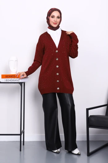 Bordo Soğuk İplik Taşlı Triko Hırka