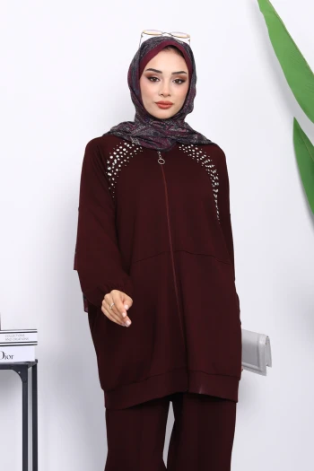 Bordo Taş Detaylı Fermuarlı Pantolonlu Tunik Modal Takım