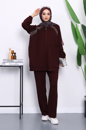 Bordo Taş Detaylı Fermuarlı Pantolonlu Tunik Modal Takım