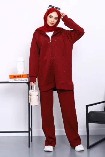 Bordo Taşlı Scuba Tunik Pantolonlu Takım