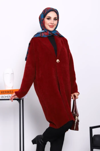 Bordo Tek Düğmeli Angora Yumoş Triko Hırka