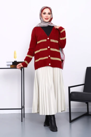 Bordo V Yaka Angora Yumoş Hırka