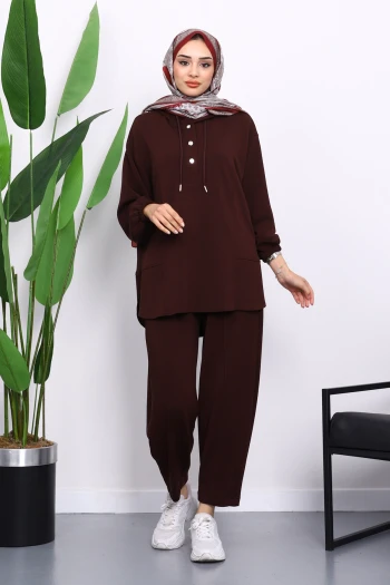 Bordo Yaka Çıtçıtlı Tunik Pantolonlu Takım