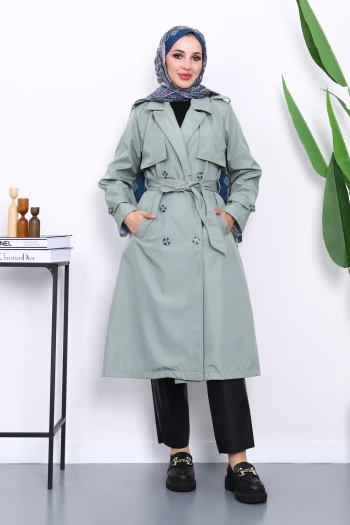 Çağla Kravuze Yaka Bel Kemerli Düğmeli Trençkot