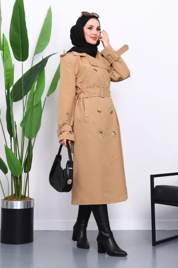 Camel Kruvaze Yaka Astarlı Trençkot